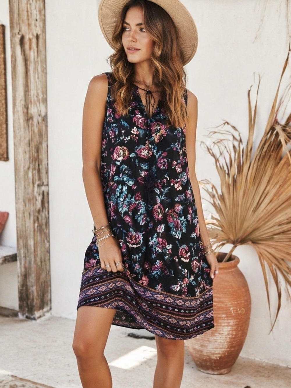 Boho Floral Shift Dress Tassel Tie Sleeveless Black Pink S BeachLunchLounge